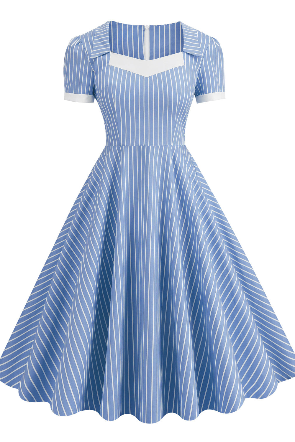 Light Blue 1950s Striped Short Sleeve Swing Dress