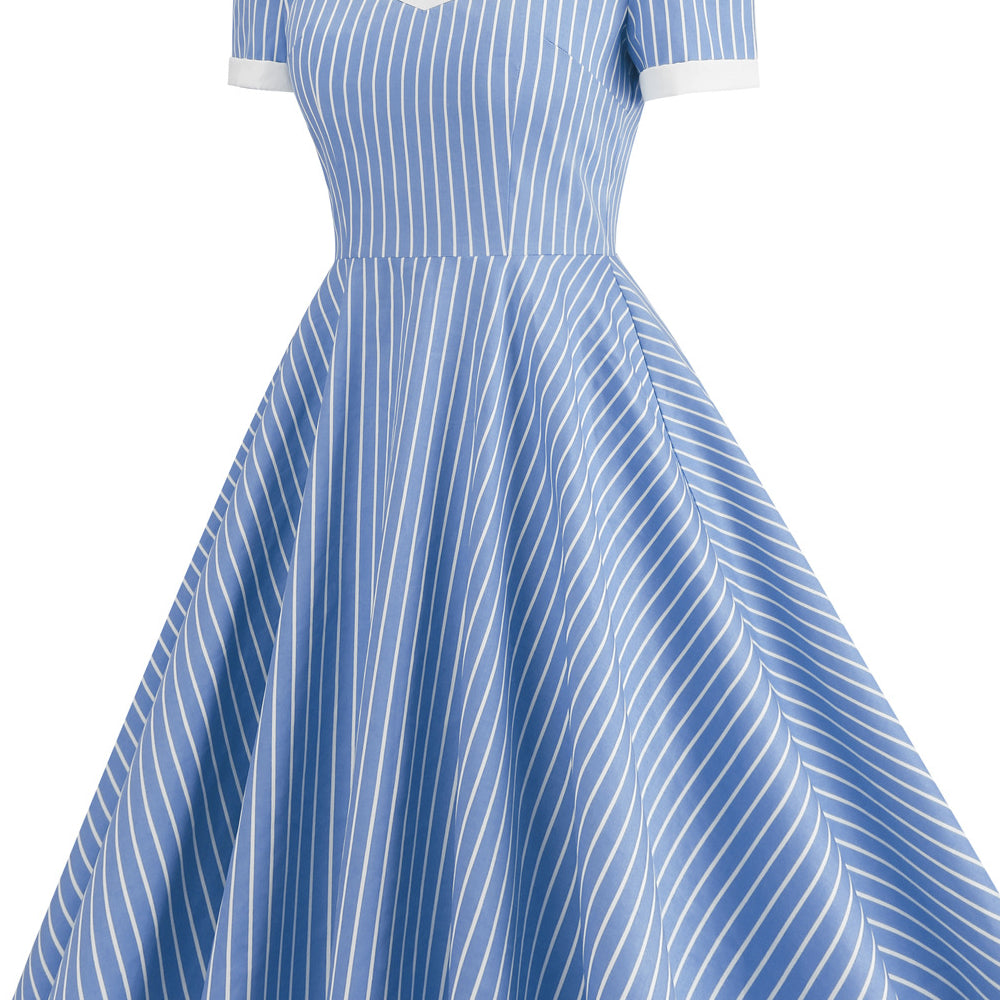 
                      
                        Light Blue 1950s Striped Short Sleeve Swing Dress
                      
                    