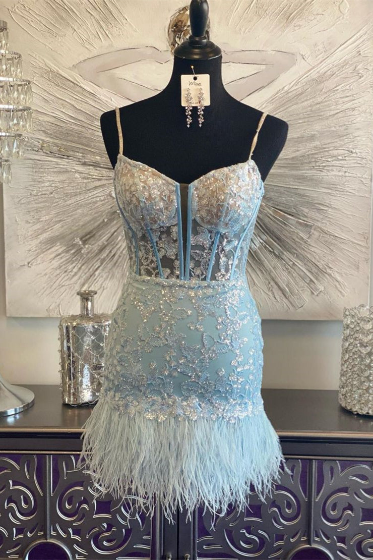 Light Blue Appliques Short Dress with Feather