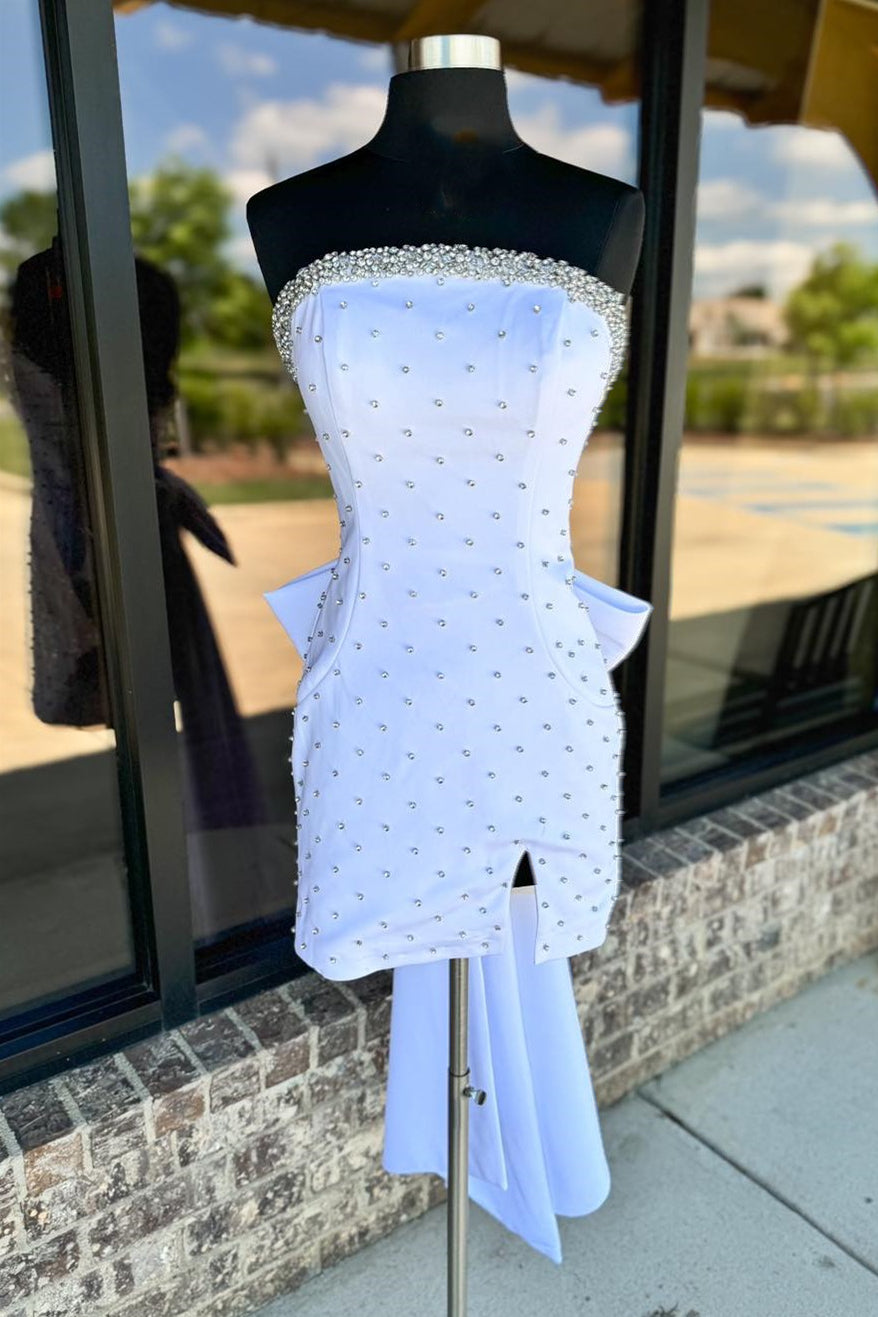 Light Blue Beaded Short Dress with Back Bow