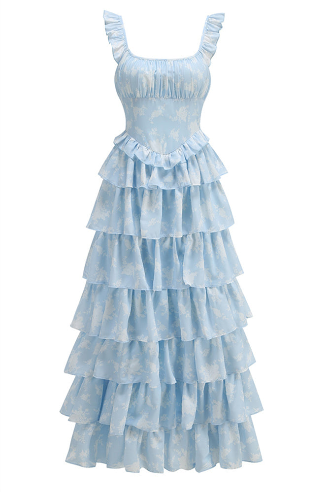 Light Blue Floral Print Ruffle Tiered Long Dress