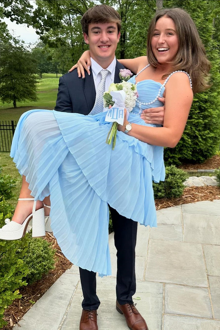 Light Blue Pleated Tiered Long Dress with Pearls – PollyBoutique