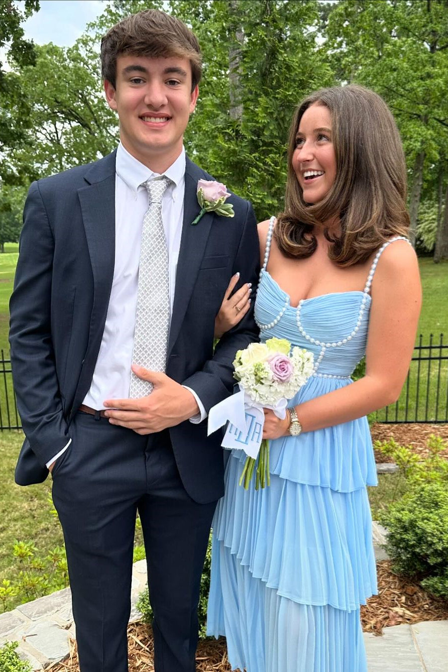 Light Blue Pleated Tiered Long Dress with Pearls