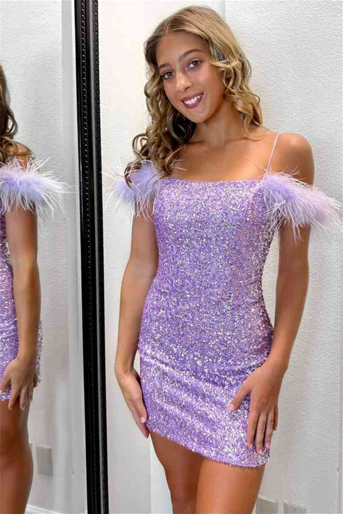 
                      
                        Light Blue Sequin Bodycon Short Dress with Feather
                      
                    