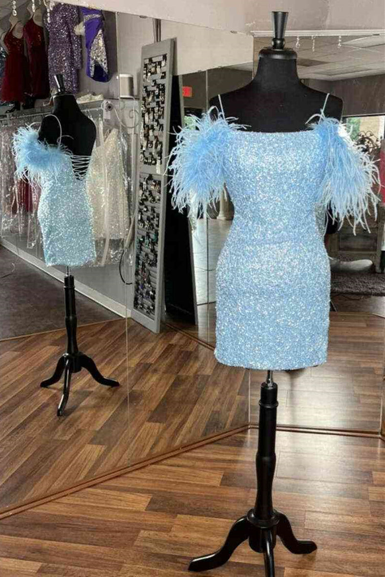 Light Blue Sequin Bodycon Short Dress with Feather