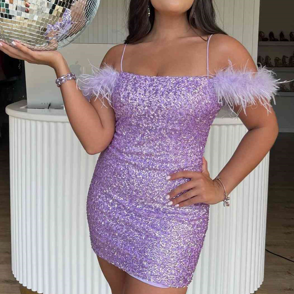 
                      
                        Light Blue Sequin Bodycon Short Dress with Feather
                      
                    