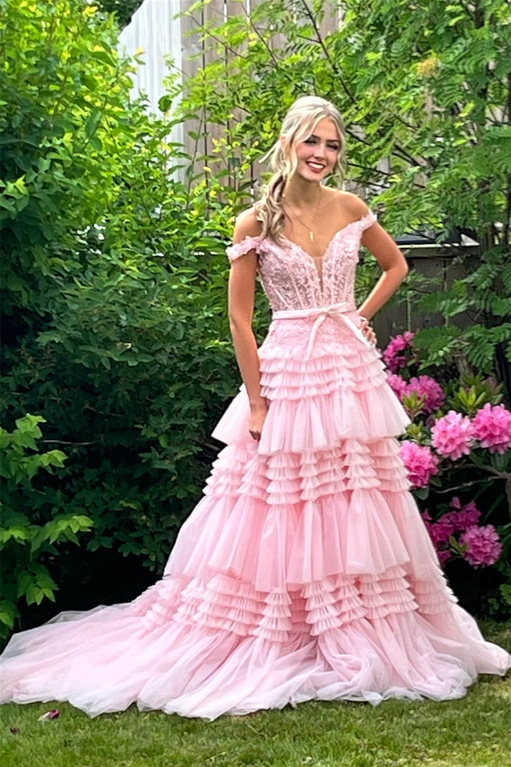 Pink Appliques Ruffles Tiered A-line Long Dress