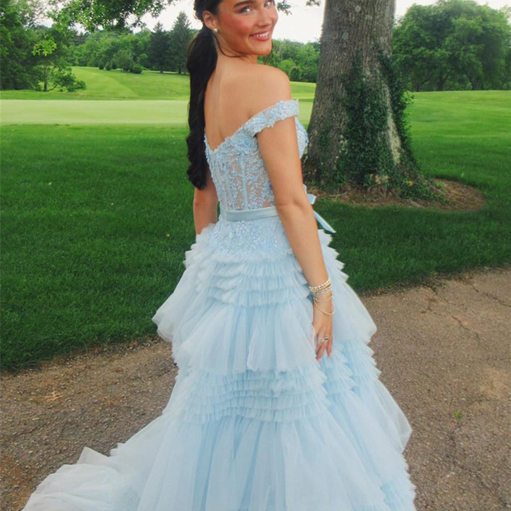 
                      
                        Pink Appliques Ruffles Tiered A-line Long Dress
                      
                    