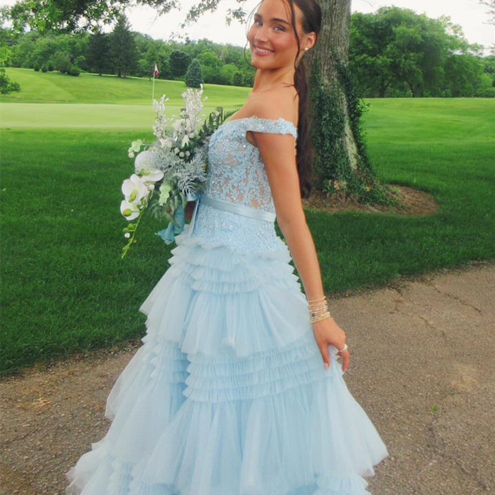 
                      
                        Pink Appliques Ruffles Tiered A-line Long Dress
                      
                    