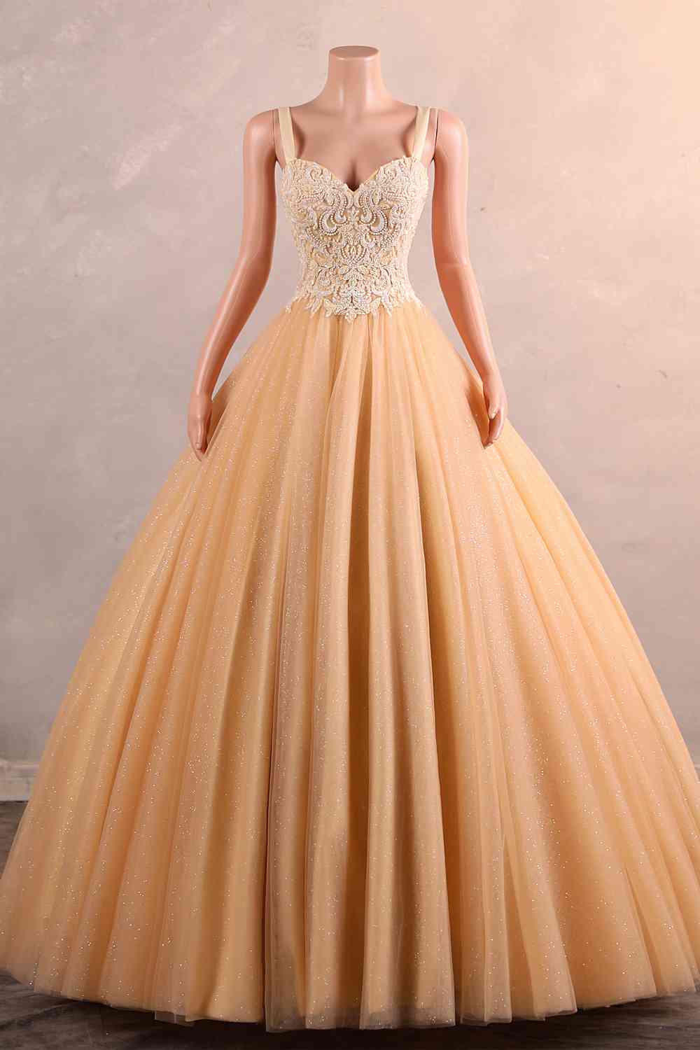 Light Orange Appliques A-line Tulle Long Dress