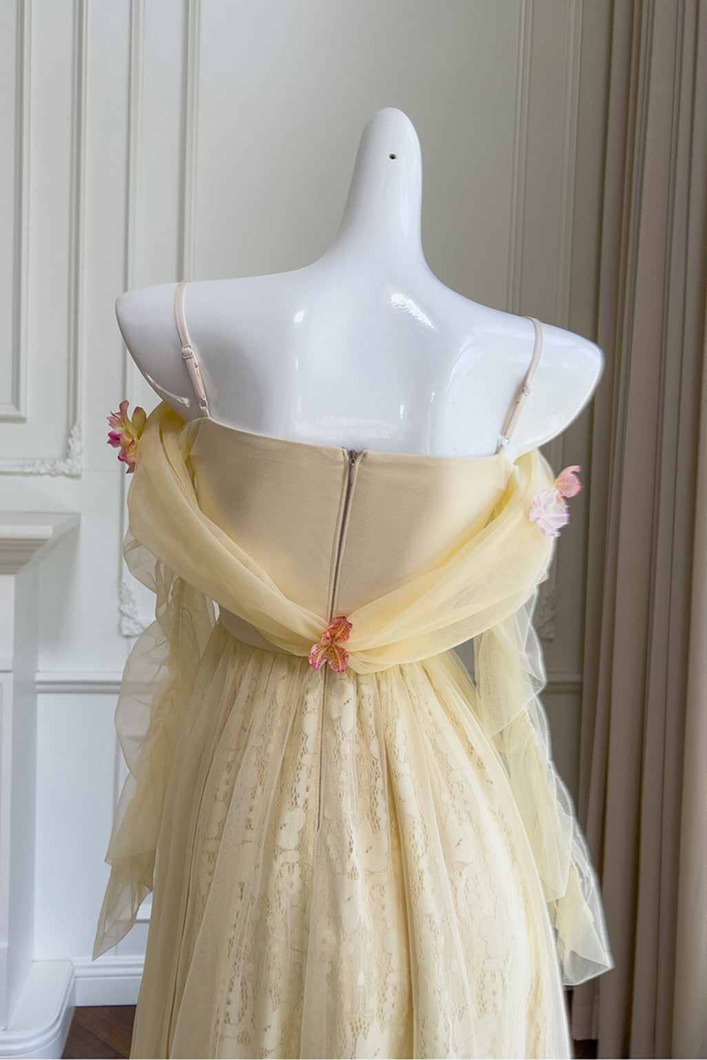Light Yellow 3D Floral Lace A-line Long Dress PollyBoutique Light Yellow 3D Floral Lace A-line Long Dress PollyBoutique