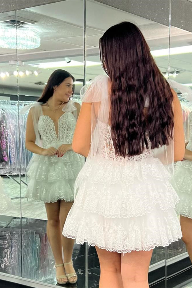 Light Blue Appliques Tiered A-line Short Dress