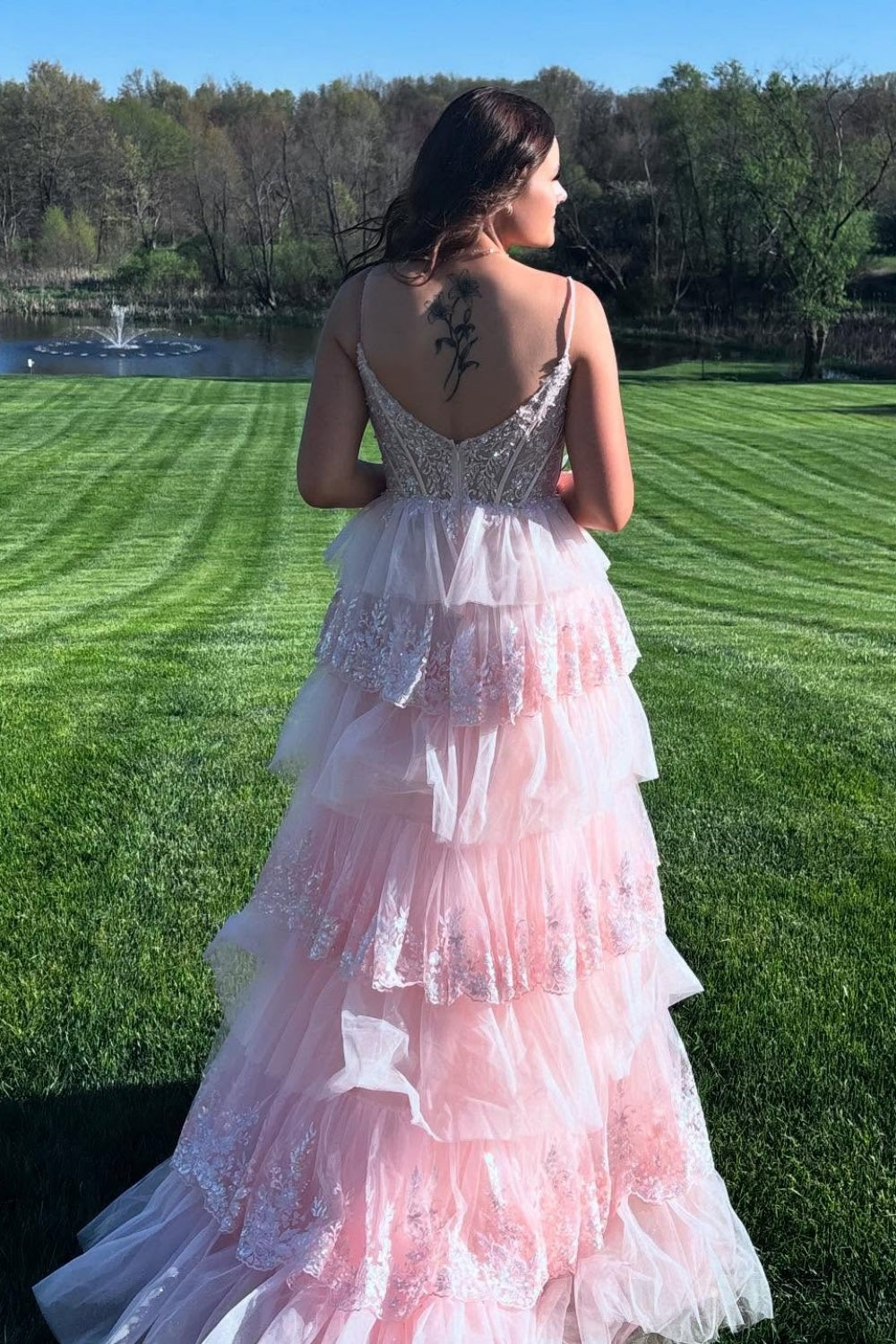 Light Pink Appliques Tiered Long Dress with a Slit