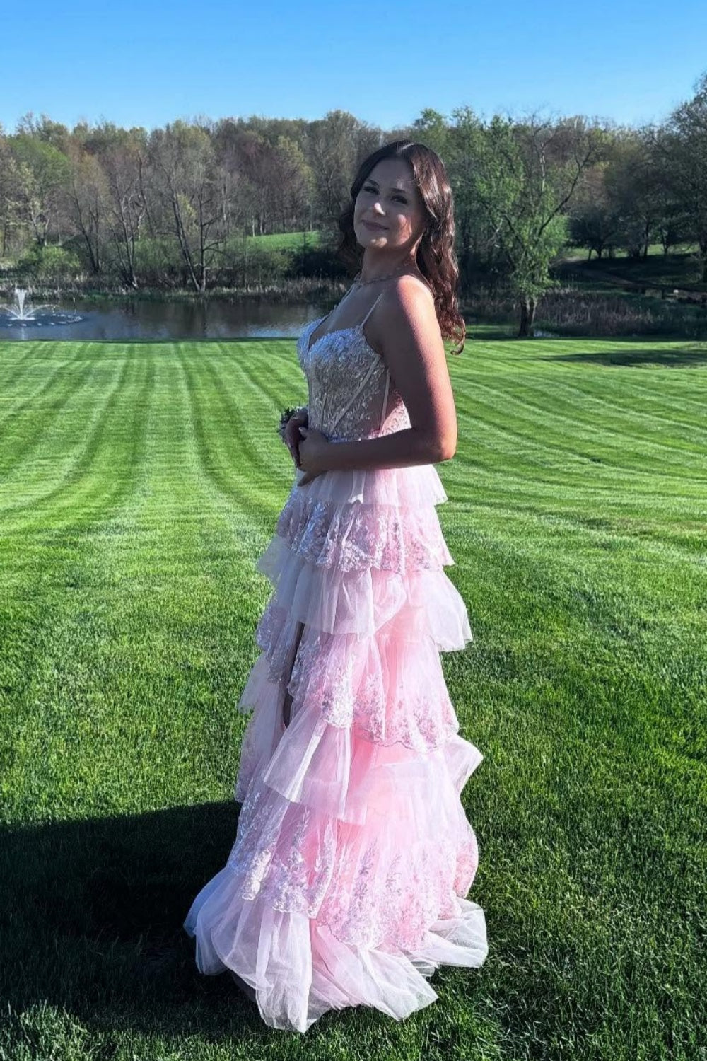 Light Pink Appliques Tiered Long Dress with a Slit