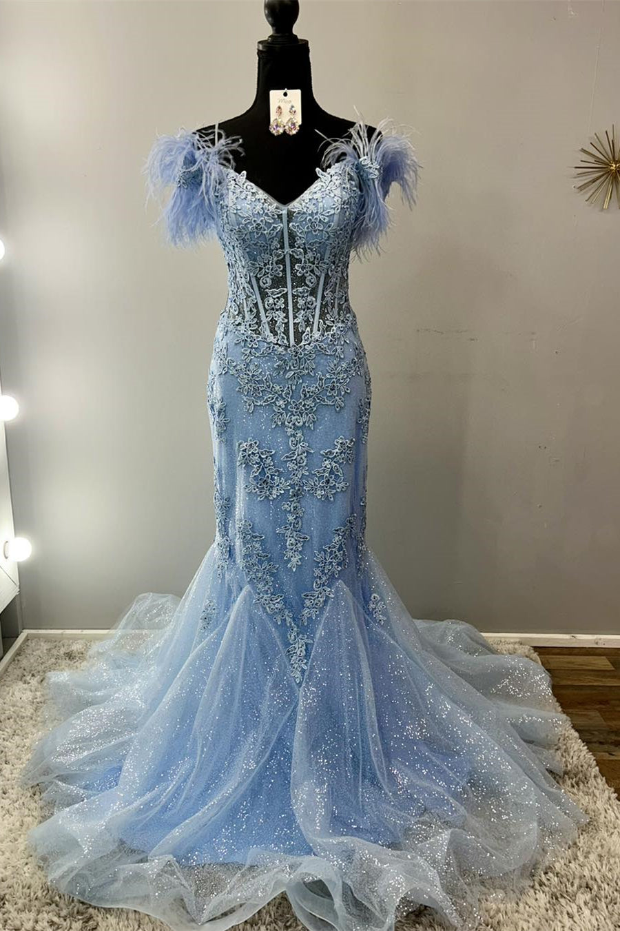 Light Blue Sheer Appliques Mermaid Long Party Dress