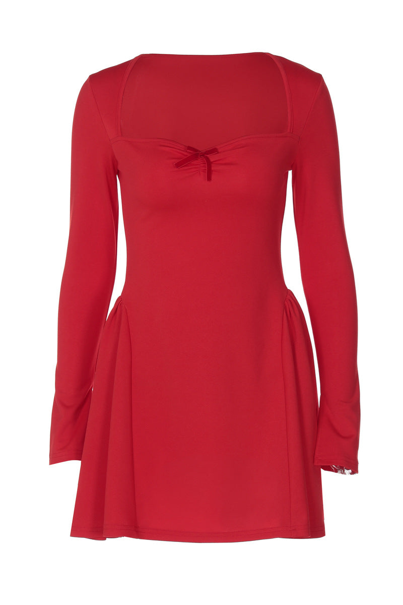 Long Sleeve Red Bow Front A-line Short Dress