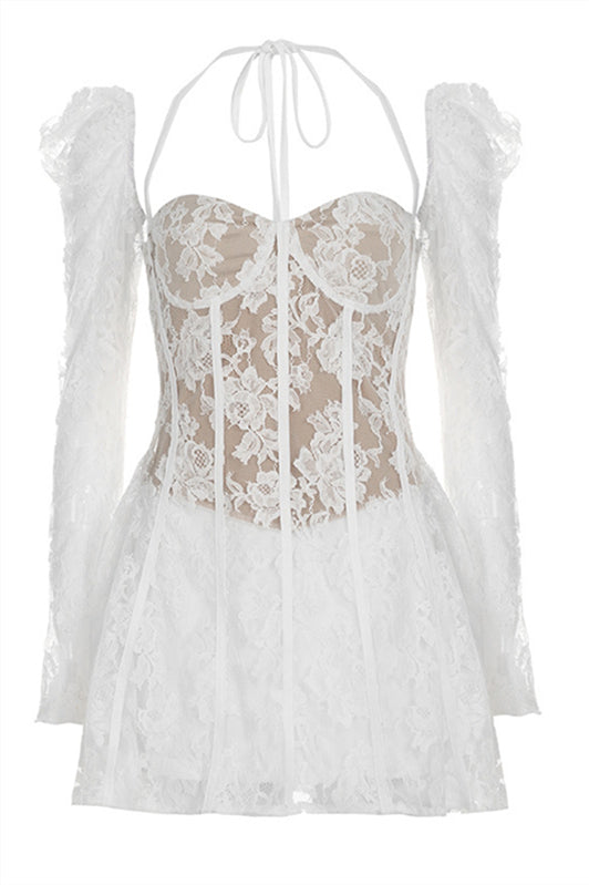 Long Sleeve White Lace A-line Short Dress