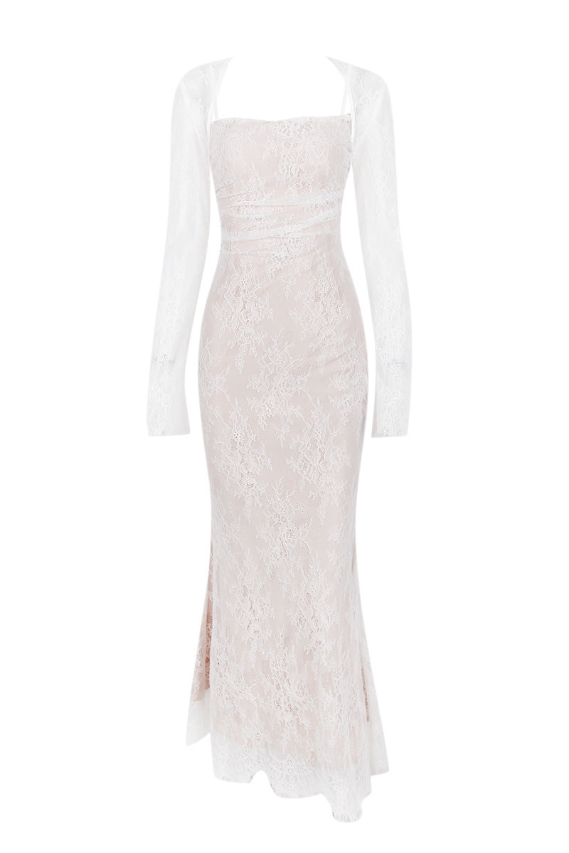 Long Sleeve White Two-Piece Floral Lace Maxi Dress