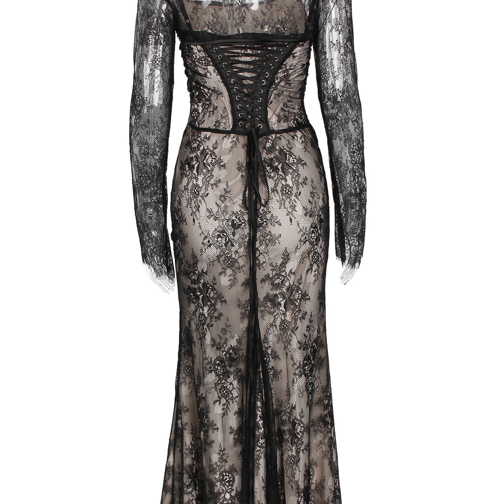 
                      
                        Long Sleeve White Two-Piece Floral Lace Maxi Dress
                      
                    