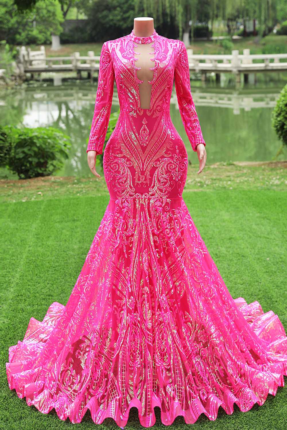 Long Sleeves Hot Pink Sequin Mermaid Long Dress