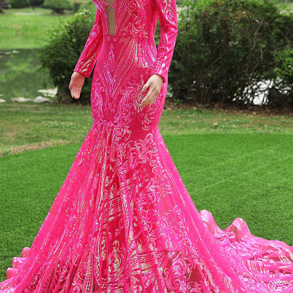 
                      
                        Long Sleeves Hot Pink Sequin Mermaid Long Dress
                      
                    