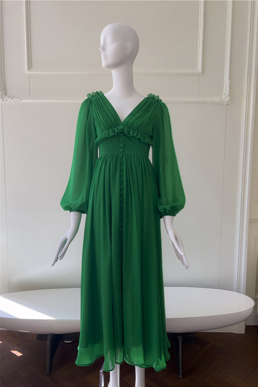 Long Sleeves Green Button Front Long Dress