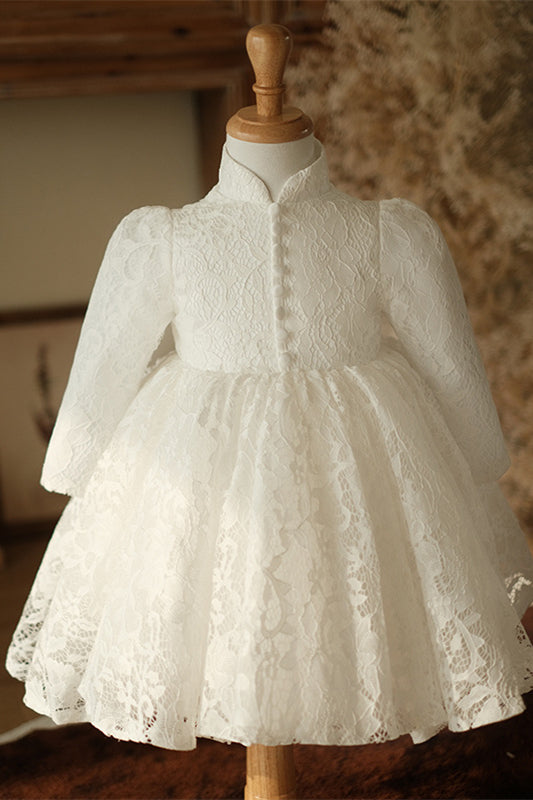 Long Sleeves Ivory A-line Lace Birthday Dress – PollyBoutique