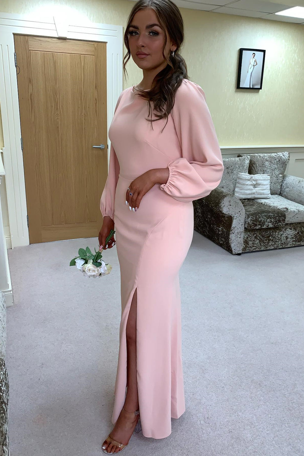 Long Sleeves Light Pink Bridesmaid Dress with Slit