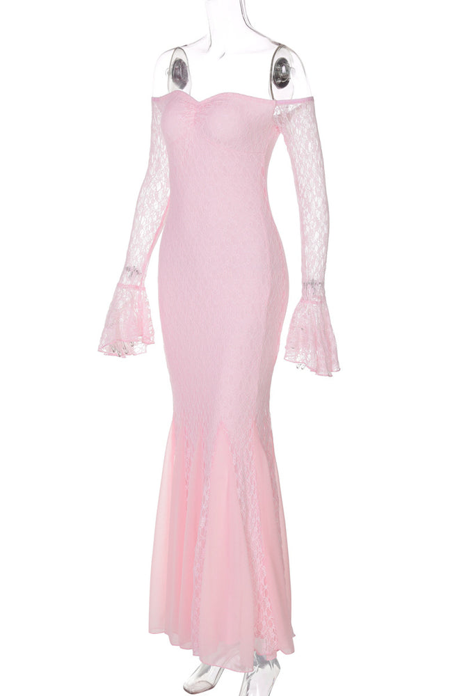 
                      
                        Long Sleeves Pink Lace Mermaid Long Dress
                      
                    