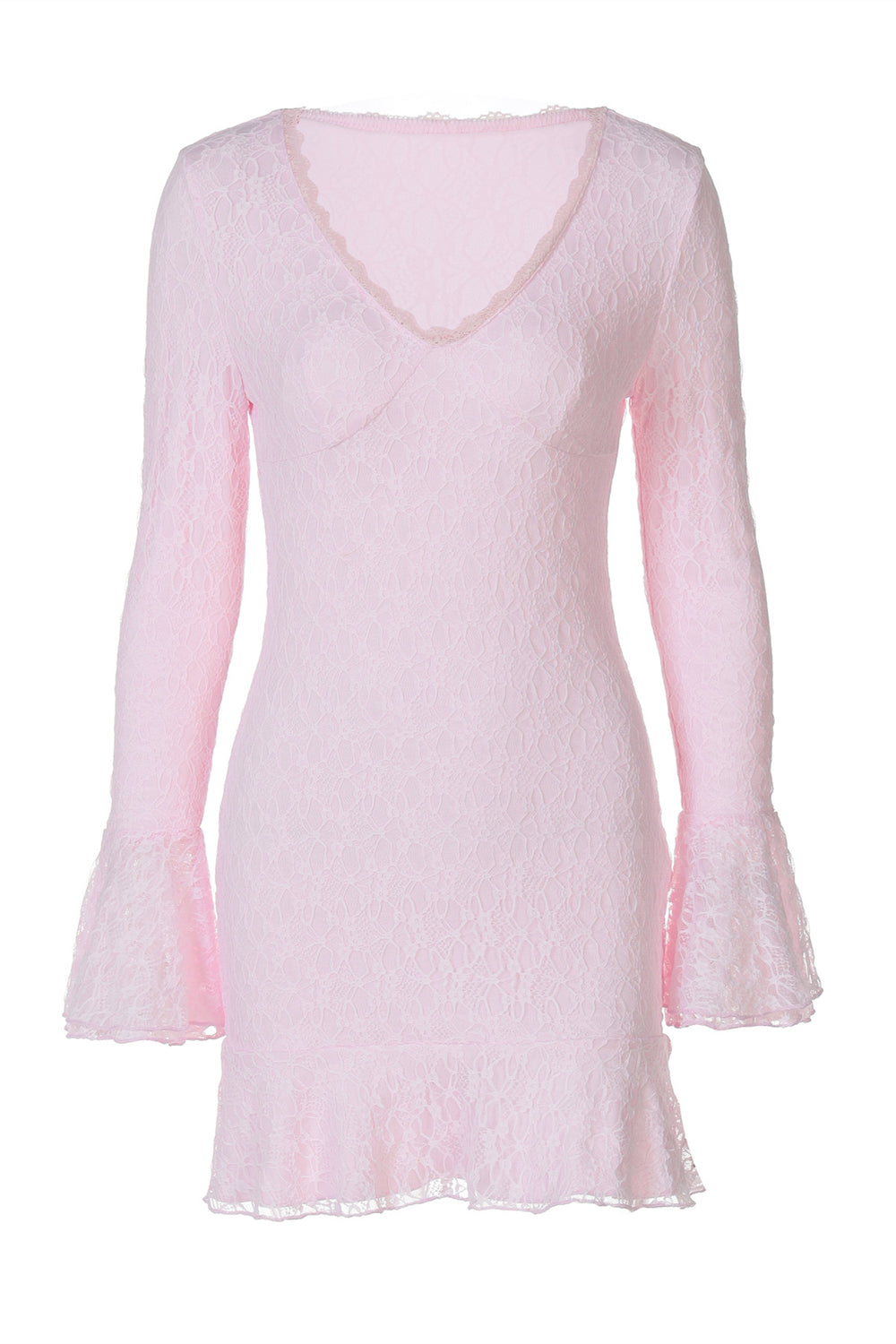 Long Sleeves Pink Lace Ruffled Short Dress