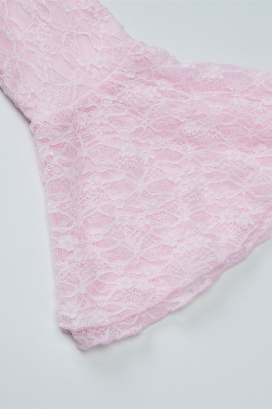 
                      
                        Long Sleeves Pink Lace Ruffled Short Dress
                      
                    