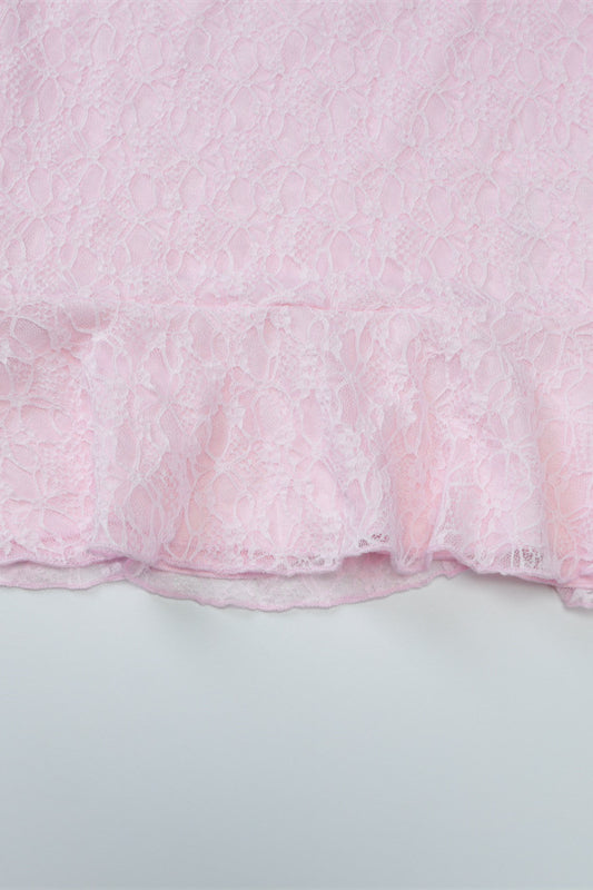 
                      
                        Long Sleeves Pink Lace Ruffled Short Dress
                      
                    