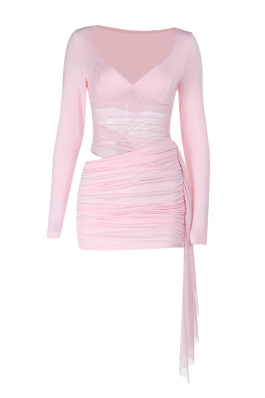 Long Sleeves Pink Ruched Short Dress with Side Train