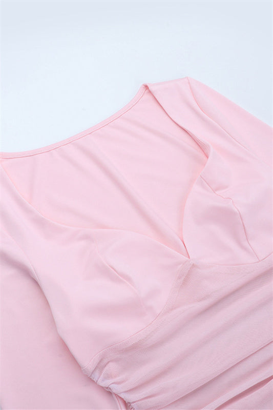 
                      
                        Long Sleeves Pink Ruched Short Dress with Side Train
                      
                    