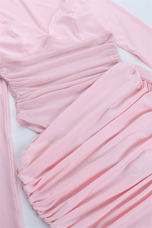 
                      
                        Long Sleeves Pink Ruched Short Dress with Side Train
                      
                    
