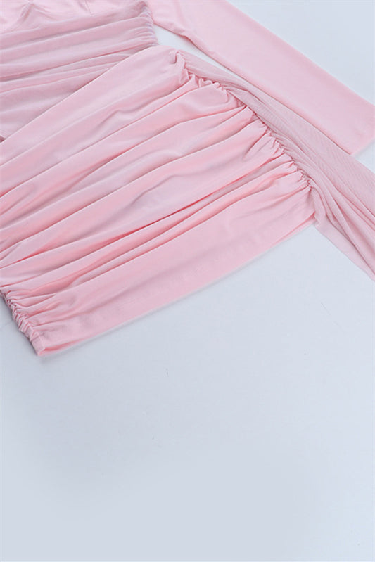 
                      
                        Long Sleeves Pink Ruched Short Dress with Side Train
                      
                    