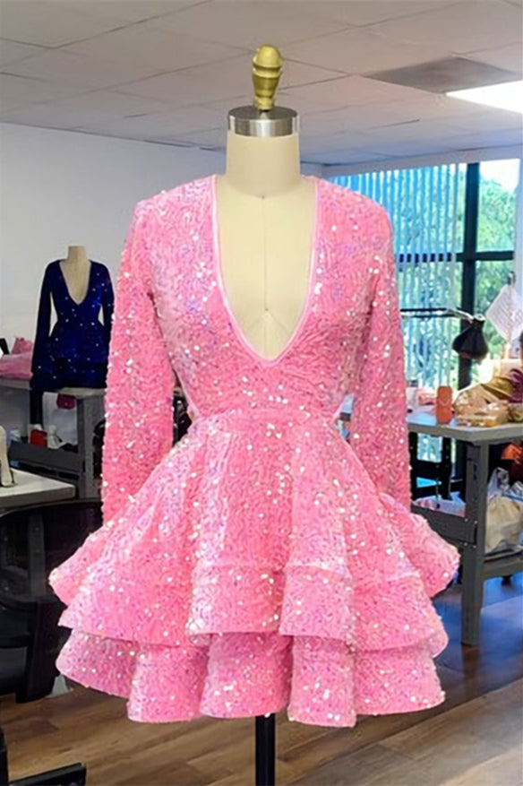 Long Sleeves Pink Tiered Sequin Short Dress