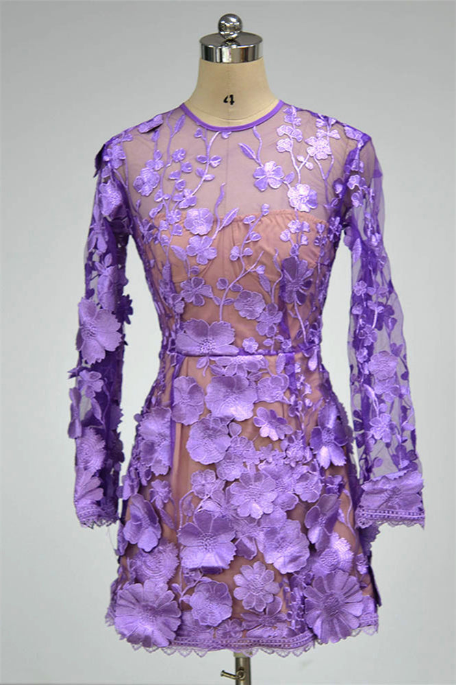 Long Sleeves Purple Floral Appliques Short Dress