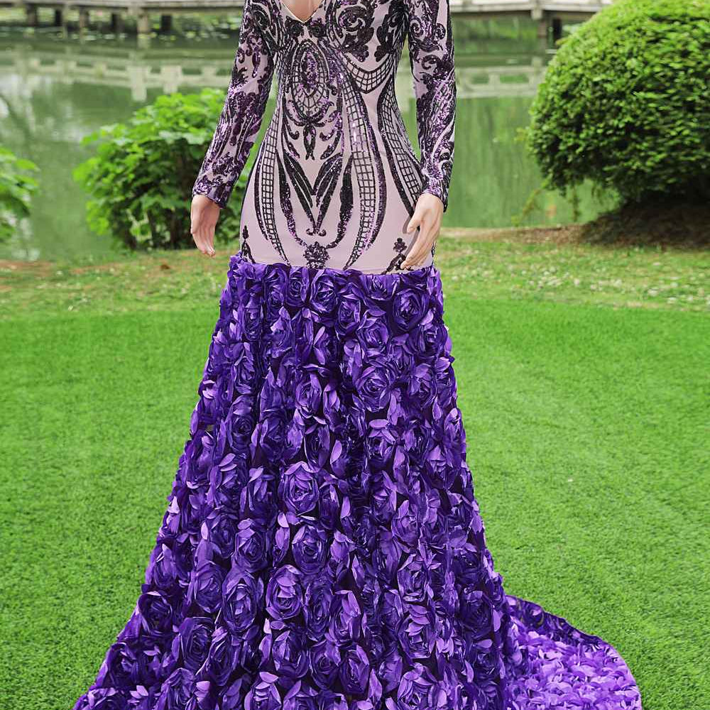 
                      
                        Long Sleeves Purple Rosette Sequin Long Dress
                      
                    