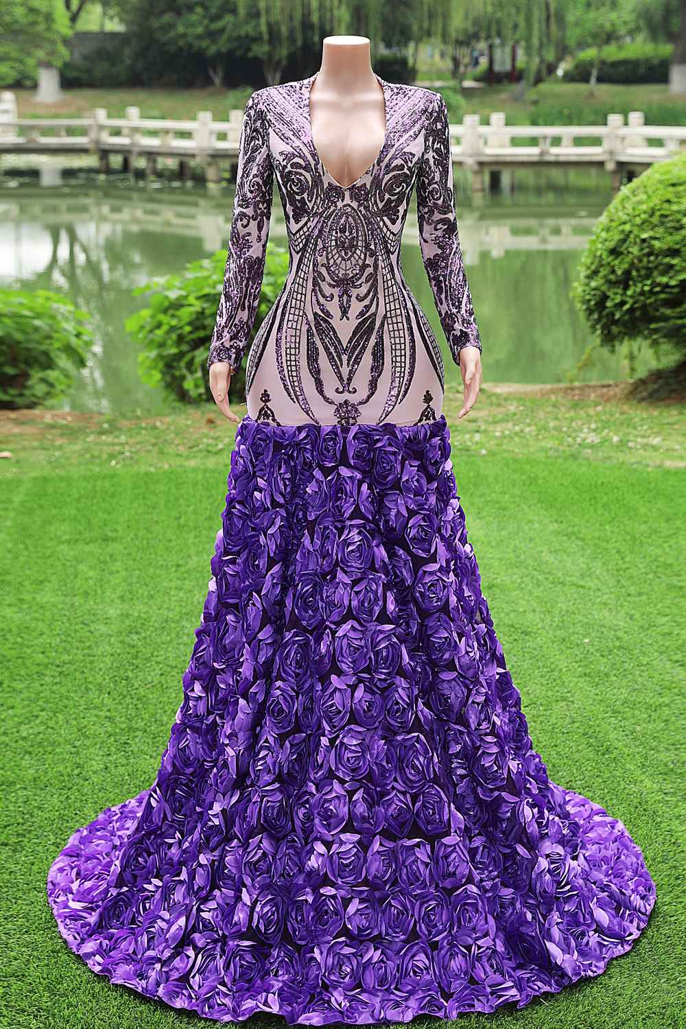 Long Sleeves Purple Rosette Sequin Long Dress