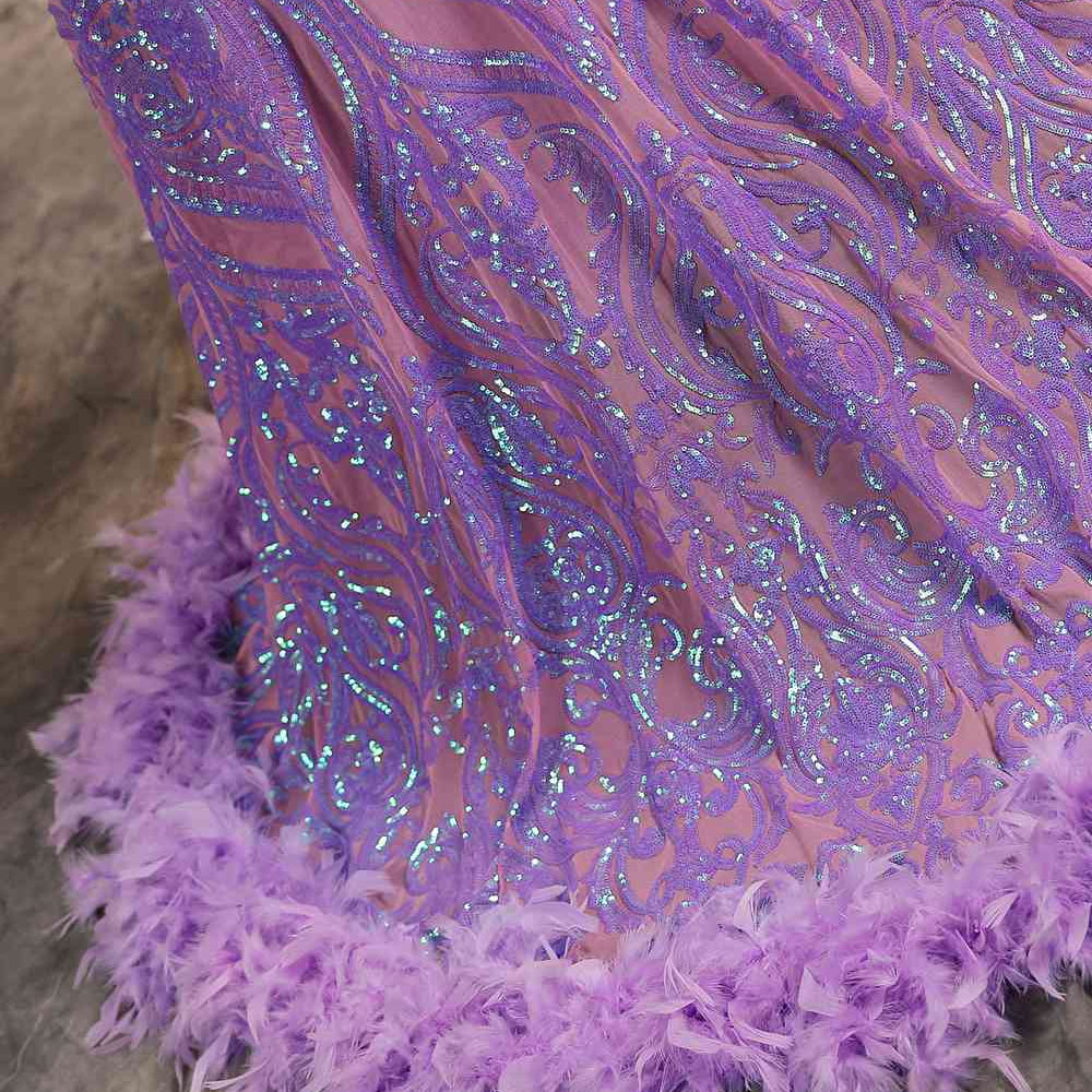 
                      
                        Long Sleeves Purple Sequin Long Dress with Feather
                      
                    