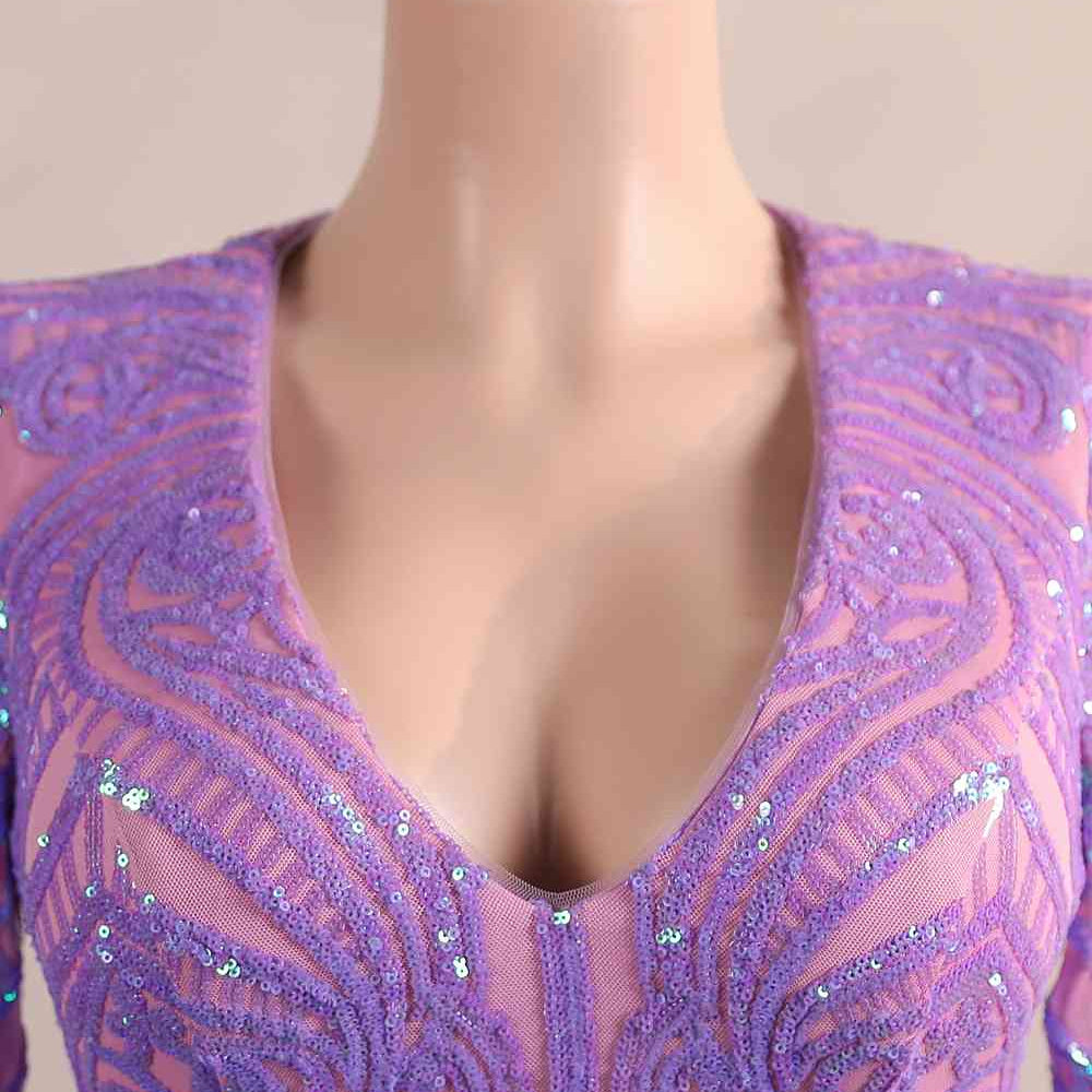 
                      
                        Long Sleeves Purple Sequin Long Dress with Feather
                      
                    