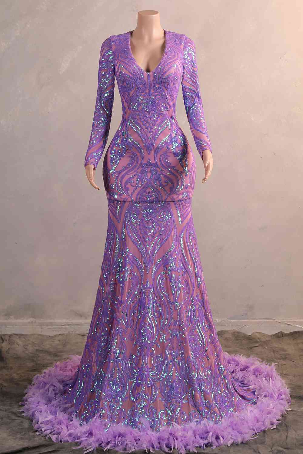 Long Sleeves Purple Sequin Long Dress with Feather