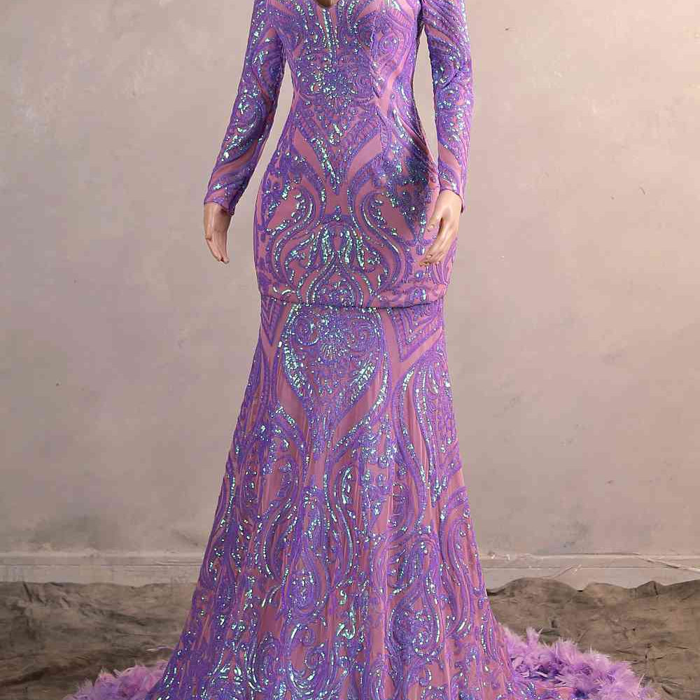 
                      
                        Long Sleeves Purple Sequin Long Dress with Feather
                      
                    