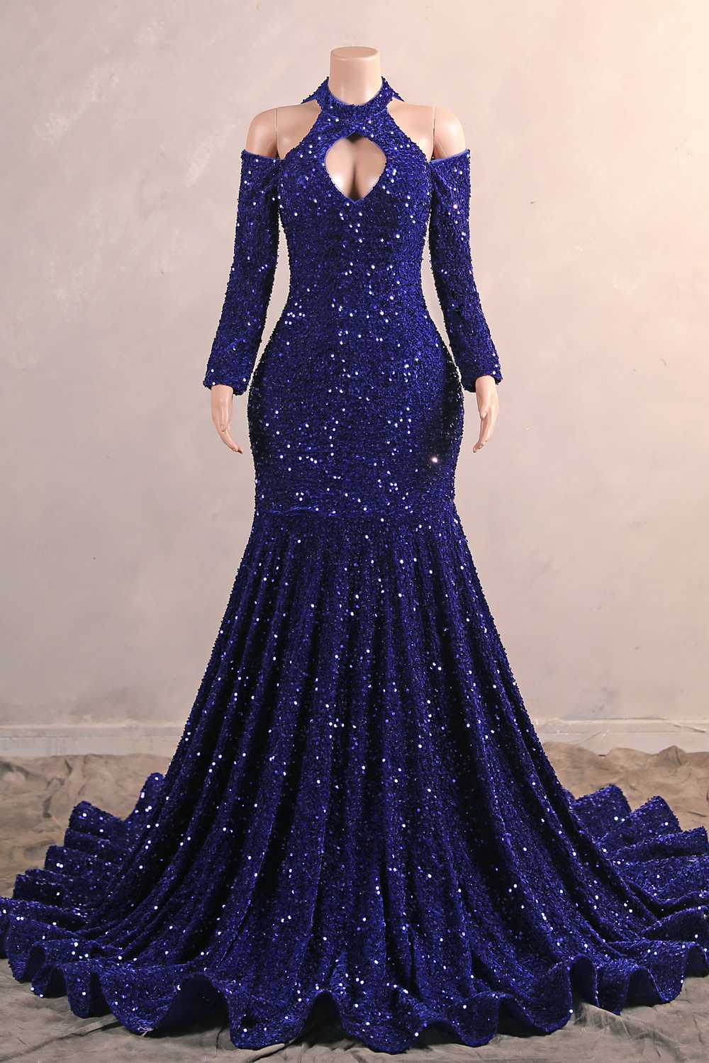 Long Sleeves Royal Blue Sequin Mermaid Long Dress