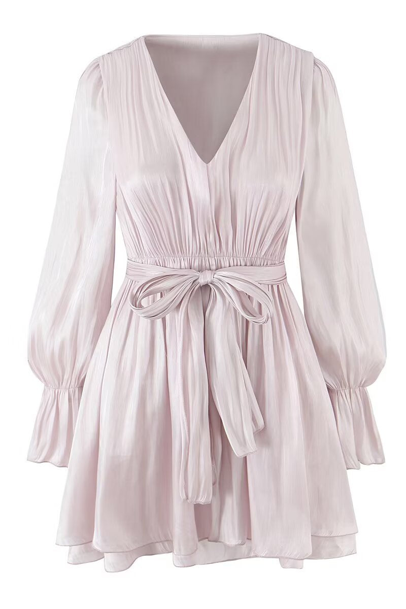 Long Sleeves Pink Ruched Tiered Short Dress with Belt