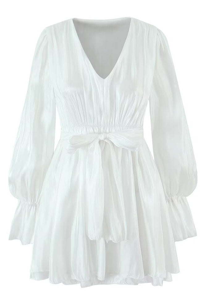 
                      
                        Long Sleeves Pink Ruched Tiered Short Dress with Belt
                      
                    