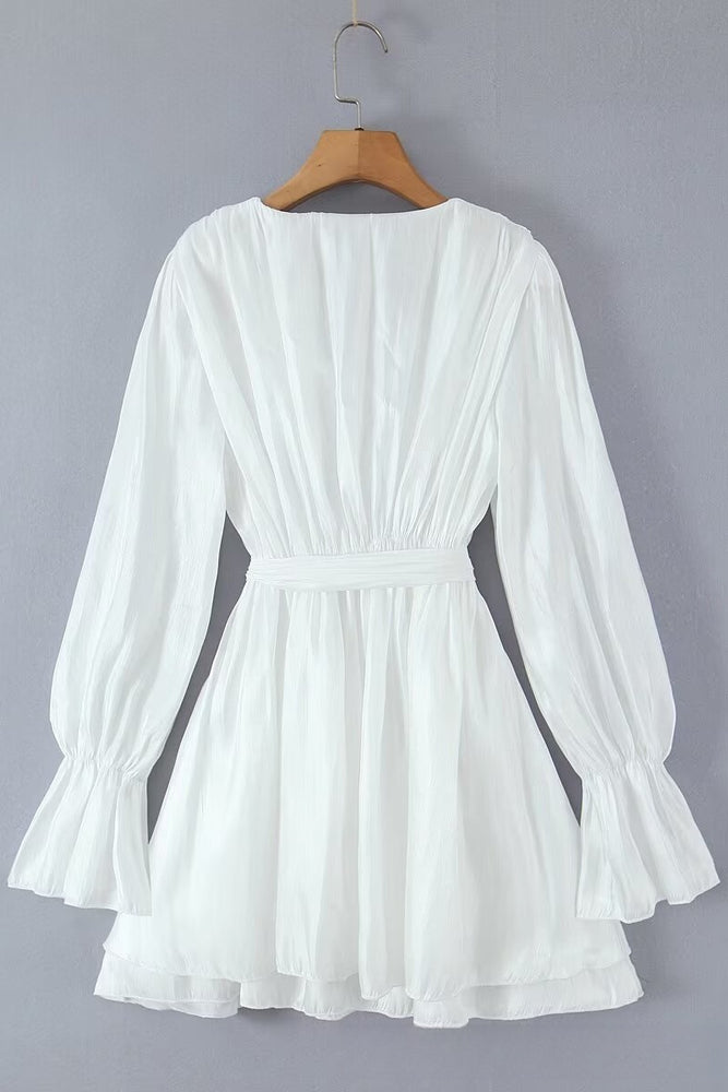 
                      
                        Long Sleeves Pink Ruched Tiered Short Dress with Belt
                      
                    