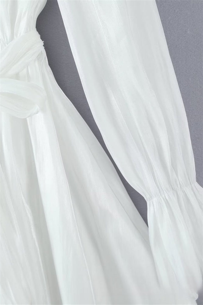 
                      
                        Long Sleeves Pink Ruched Tiered Short Dress with Belt
                      
                    