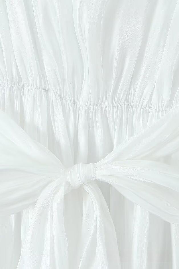 
                      
                        Long Sleeves Pink Ruched Tiered Short Dress with Belt
                      
                    